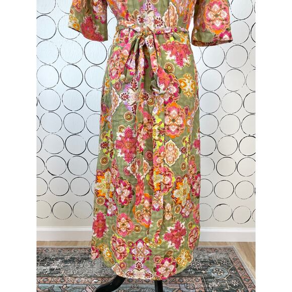 Floral Maxi Wrap Dress Womens 38 Green Pink Boho Cottage Feminine Puff Sleeve - Picture 12 of 15